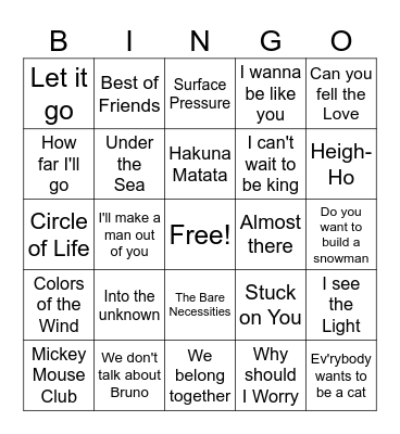 Disney Music Bingo Card