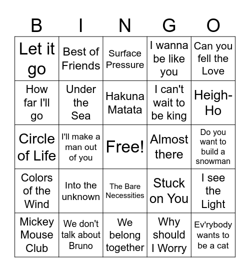 Disney Music Bingo Card