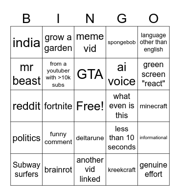 incongnito shorts bingo Card