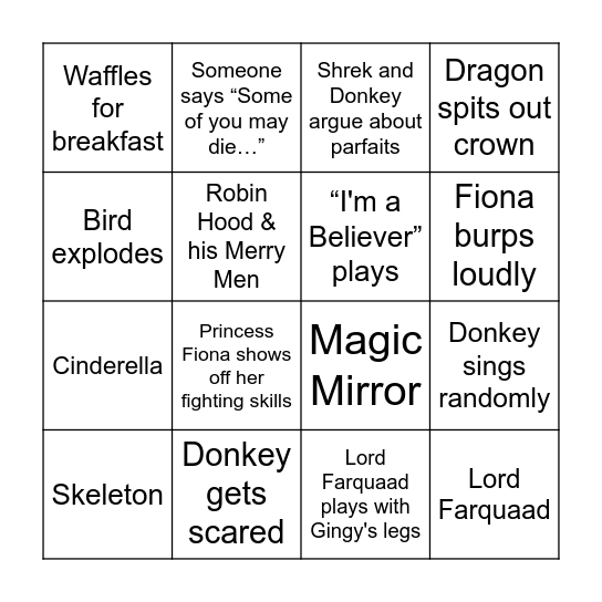 Shrek Bingo Card