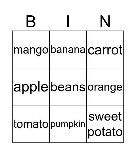 Fruits and Vegetables Bingo Card