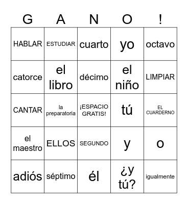 Spanish 1 Bingo Card