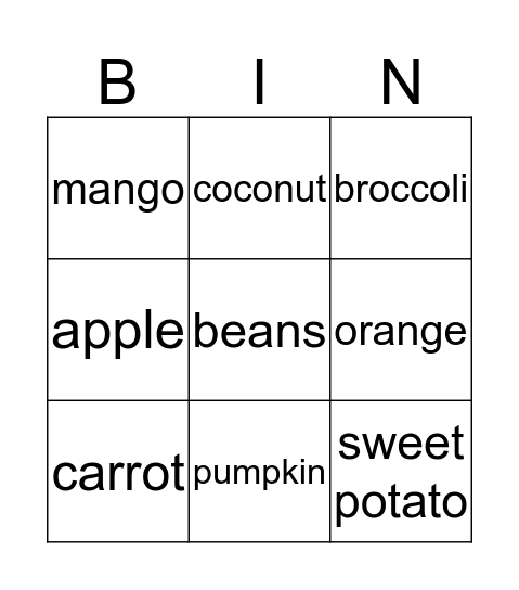 Fruits and Vegetables Bingo Card