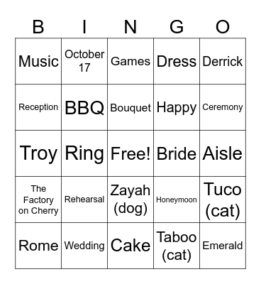 Sara's Bridal Shower Bingo Card
