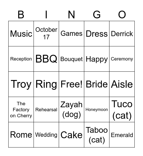 Sara's Bridal Shower Bingo Card