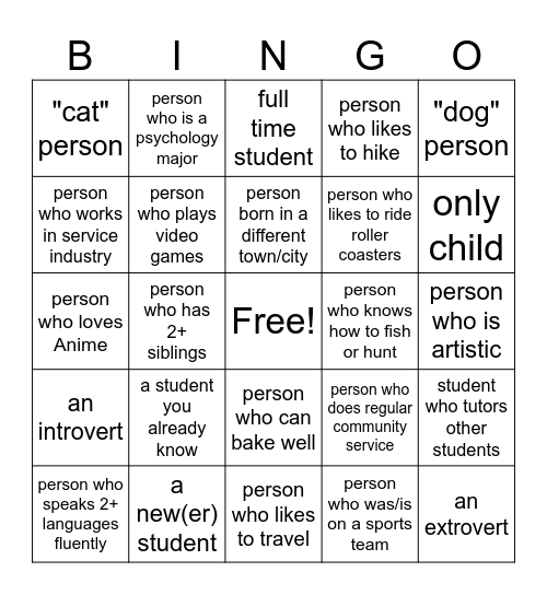 Meet & Greet- PSYC 1030 Bingo Card