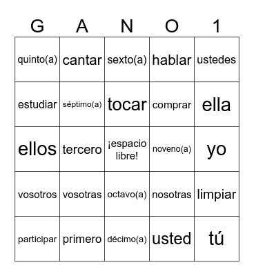 Spanish 1 Bingo Card