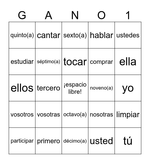 Spanish 1 Bingo Card