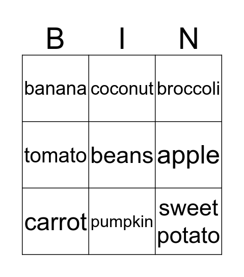 Fruits and Vegetables Bingo Card