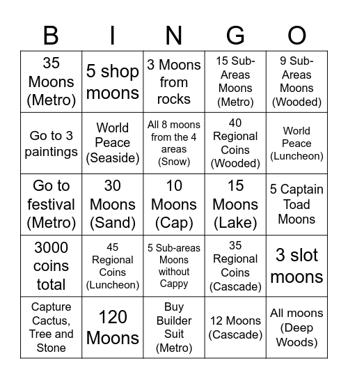 Mario Odyssey Bingo Card