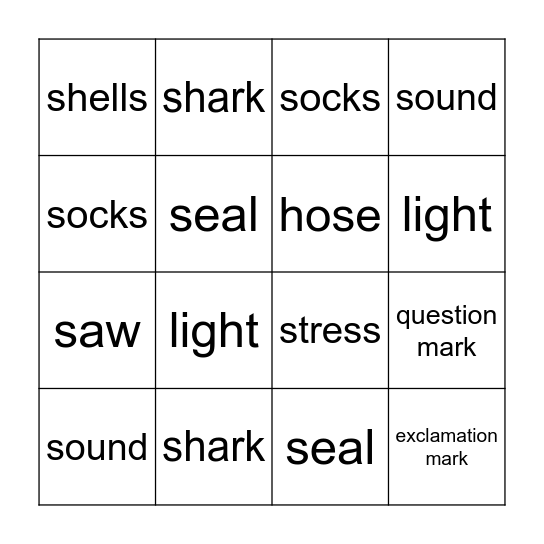 Sh Digraph and Words Bingo Card