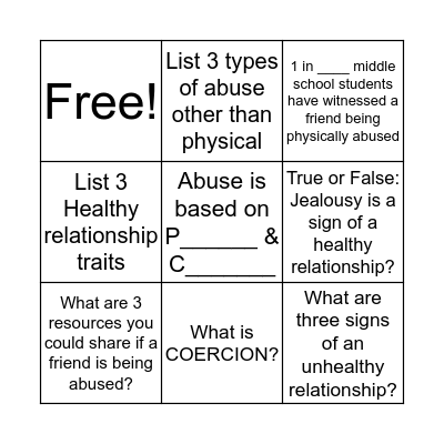 Teen Alert Program Bingo Card