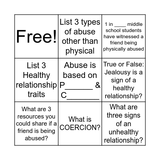 Teen Alert Program Bingo Card