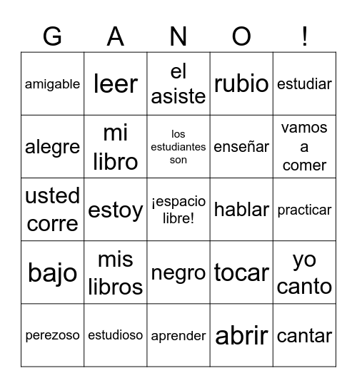 Spanish 2 Bingo Card