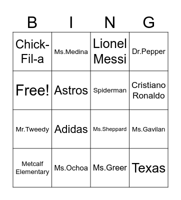 Proper Nouns Bingo Card