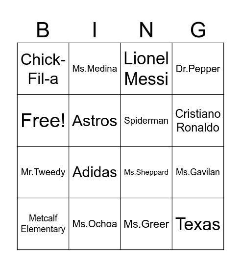 Proper Nouns Bingo Card