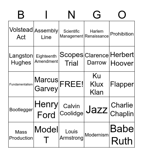 1920s Bingo! Bingo Card