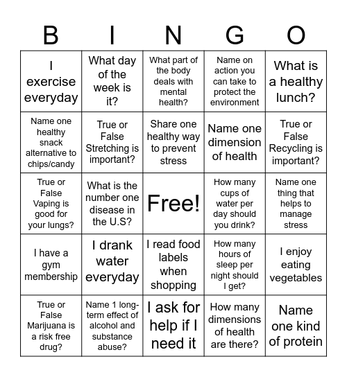 Bingo Health Card Bingo Card