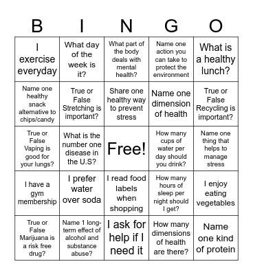 Bingo Health Card Bingo Card
