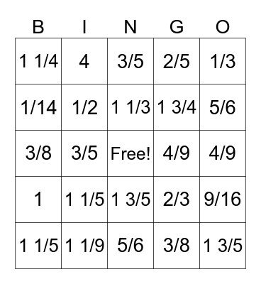 division fraction Bingo Card