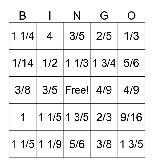 division fraction Bingo Card
