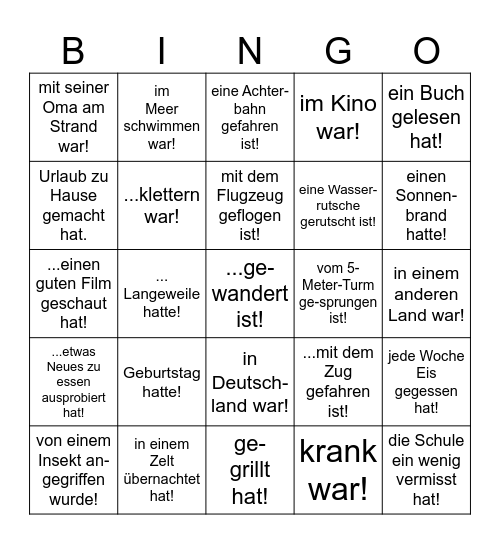FINDE JEMANDEN, DER IN DEN FERIEN... Bingo Card