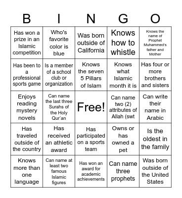 GETTING TO KNOW YOU Bingo Card