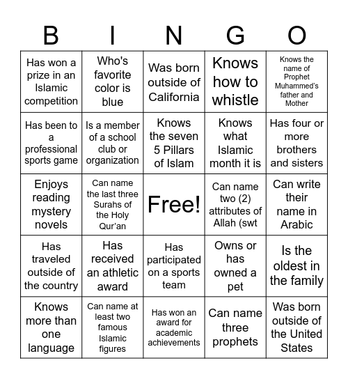 GETTING TO KNOW YOU Bingo Card