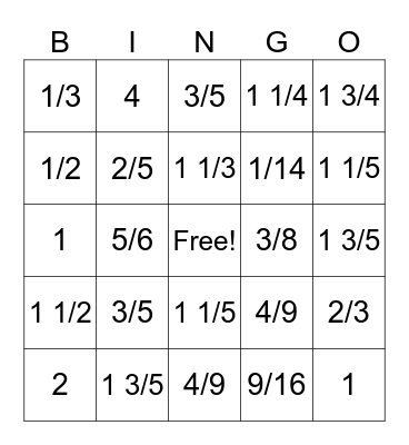 division fraction Bingo Card