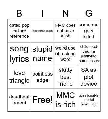 Colleen Hoover (Derogatory) Bingo Card