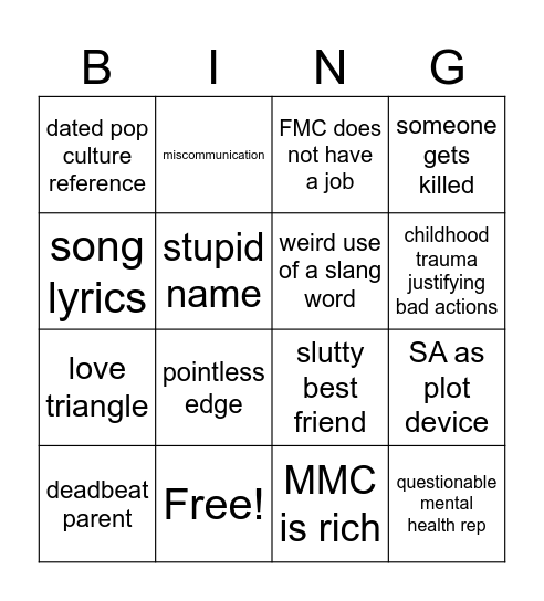 Colleen Hoover (Derogatory) Bingo Card