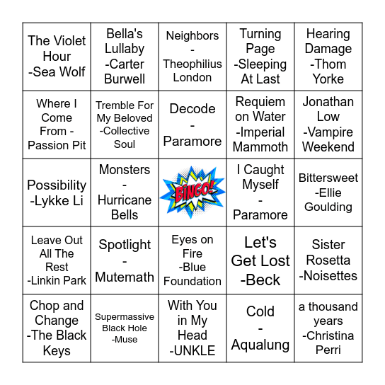 Twilight Soundtrack Bingo Card