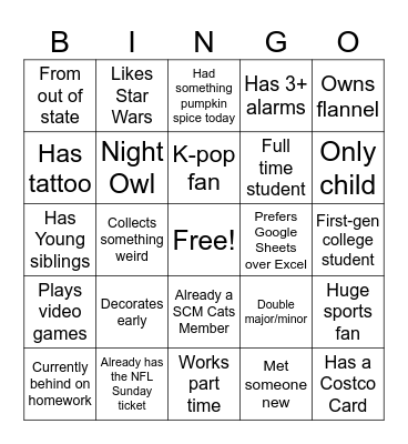 SCM Cats Icebreaker BINGO Card