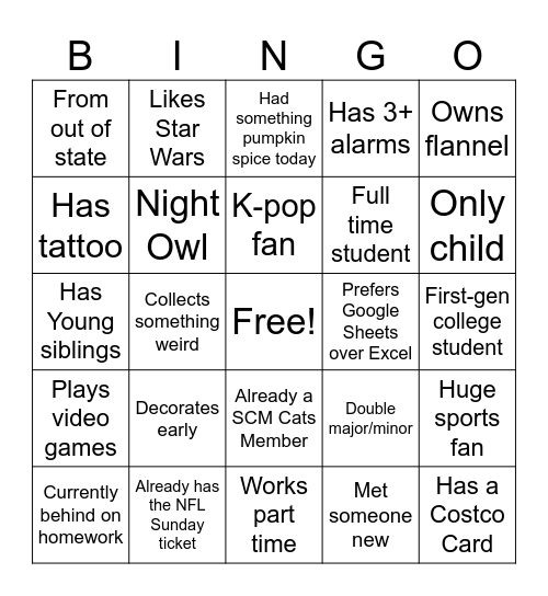 SCM Cats Icebreaker BINGO Card