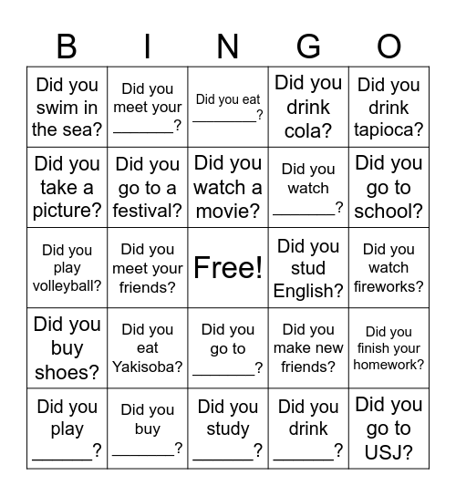 Summer Vacation Bingo Card