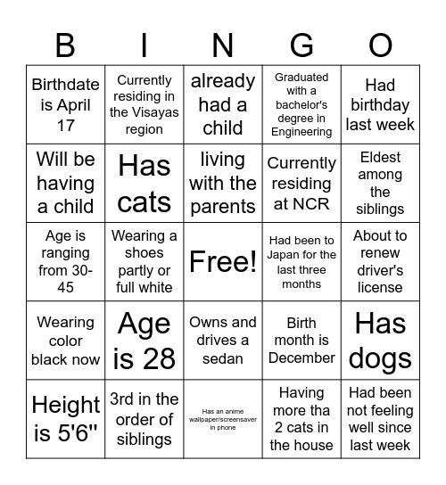 PEOPLE Bingo Card
