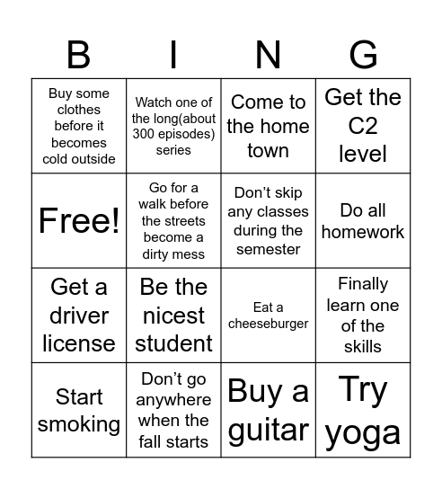 Fall bucket list Bingo Card