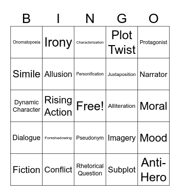 Literary Device Review Bingo Card
