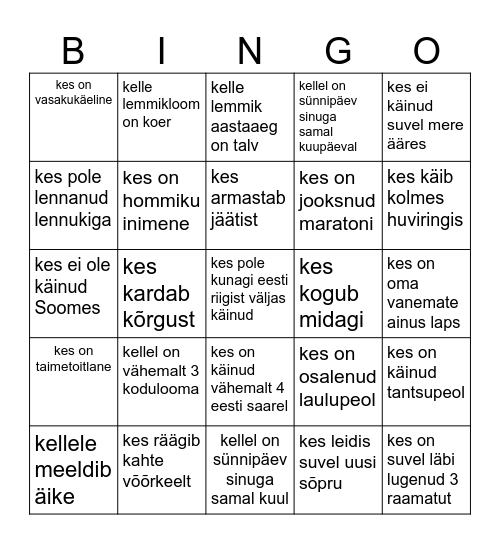 Bingo - Liigu ringi ja uuri teistelt. Kirjuta leitud inimese nimi ruudukesse. Kui saad rea täis või diagonaali, anna sellest märku! Bingo Card