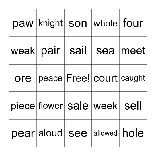 Homophone Bingo Card