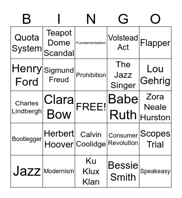 1920s Bingo Card