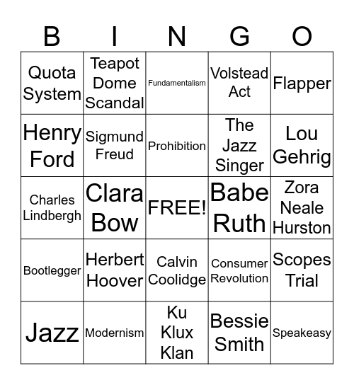 1920s Bingo Card