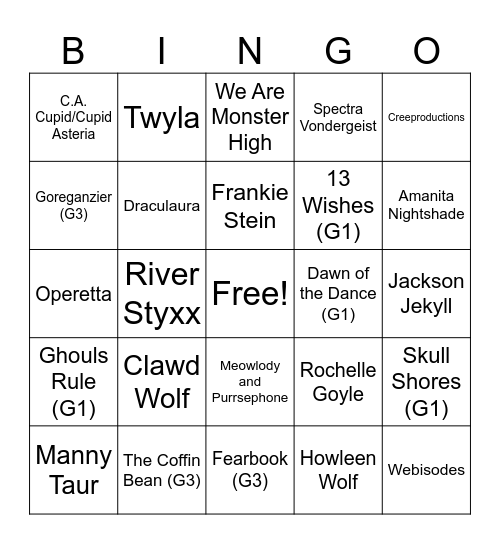 The Skulltimate Monster High Bingo Card