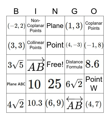 Geometry Review 1-1 & 1-2 Bingo Card