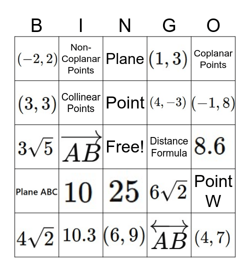 Geometry Review 1-1 & 1-2 Bingo Card