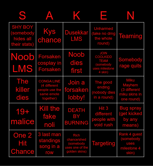 Family Home Forsaken Bingo Card