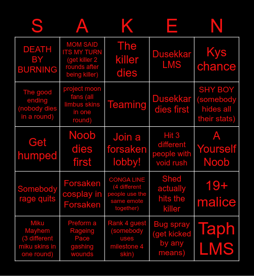 Family Home Forsaken Bingo Card