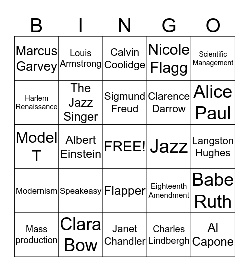 1920s Bingo! Bingo Card