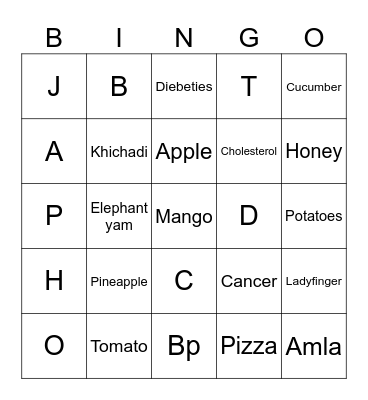 Nutrition Bingo Card