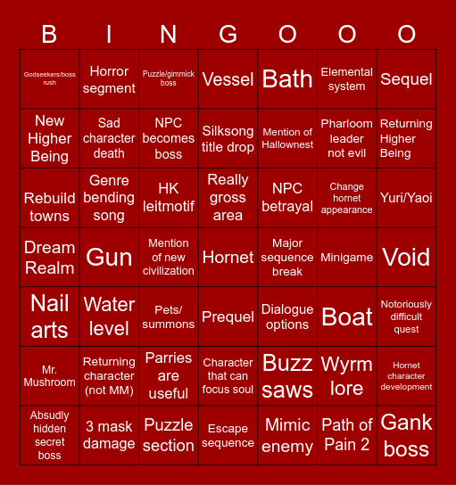 Silksong! Bingo Card